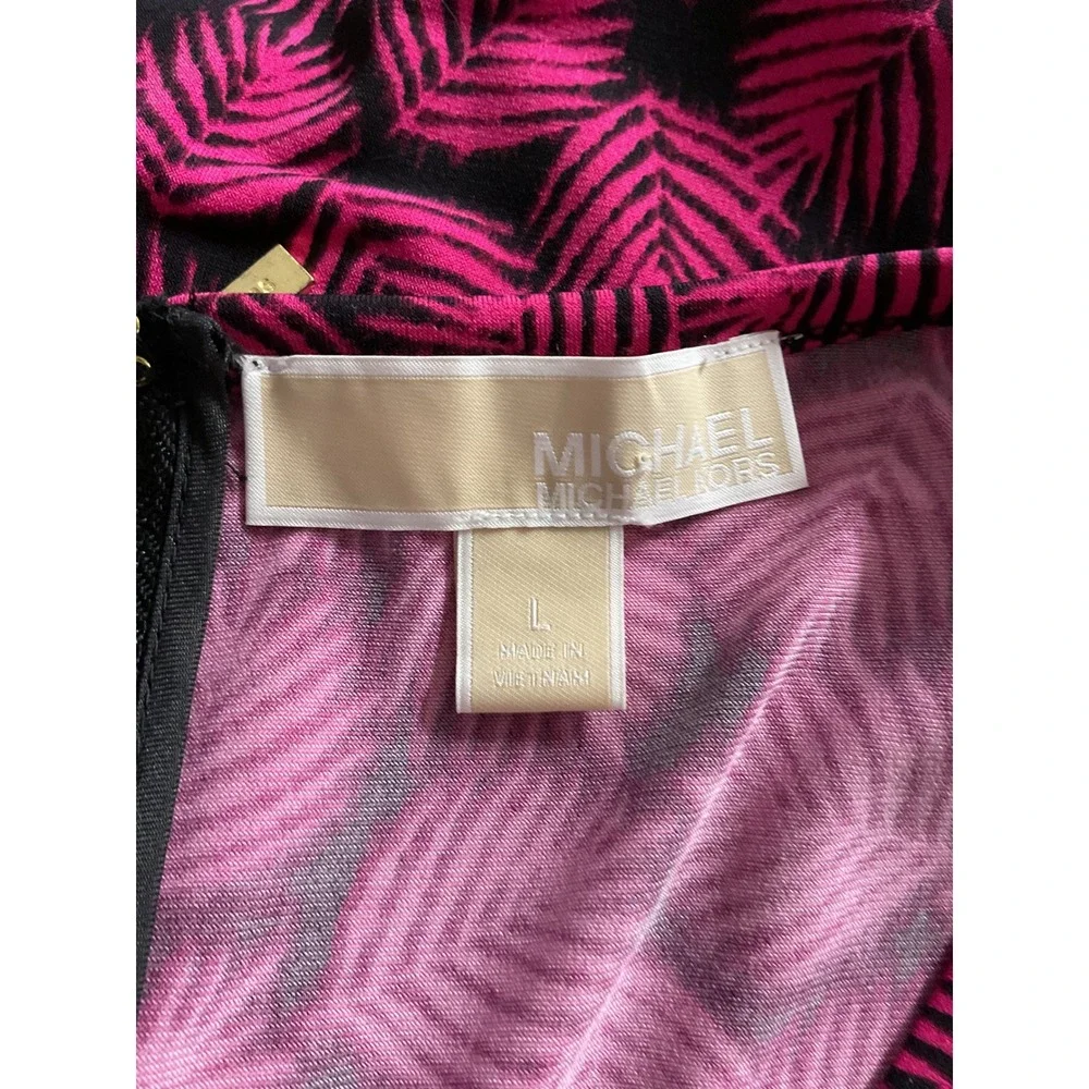 Michael Kors Pink Black Palm Leaf Print Fit & Flare Dress Scoop‎ Neck
